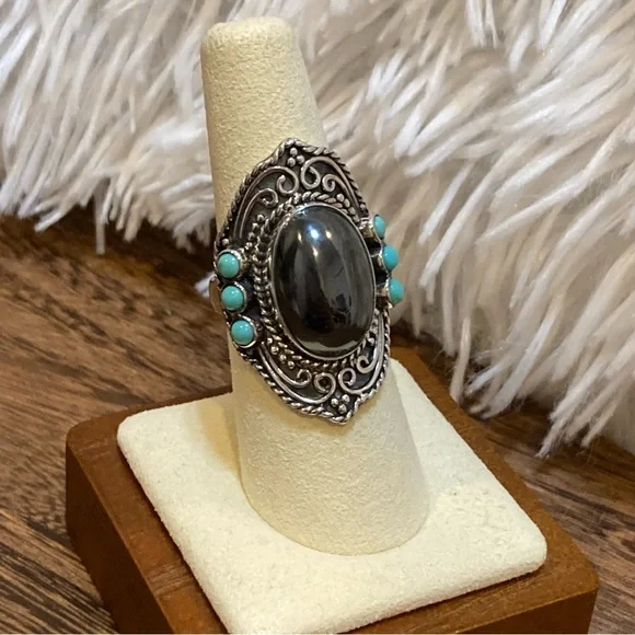 Set Turquoise and Hematine Statement Ring and Pendant Sterling Silver - Picture 5 of 15